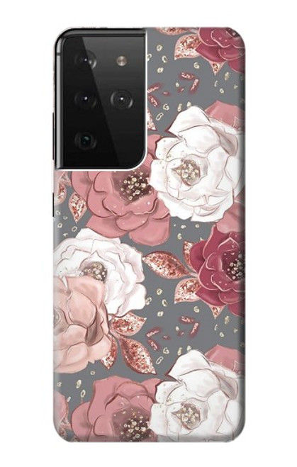 W3716 Rose Floral Pattern Hülle Schutzhülle Taschen und Leder Flip für Samsung Galaxy S21 Ultra 5G
