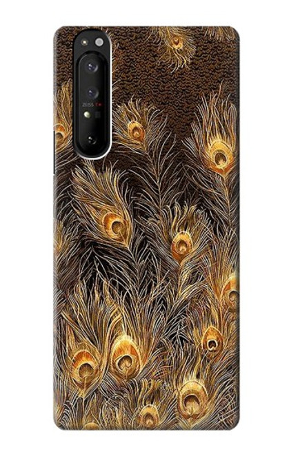 W3691 Gold Peacock Feather Hülle Schutzhülle Taschen und Leder Flip für Sony Xperia 1 III