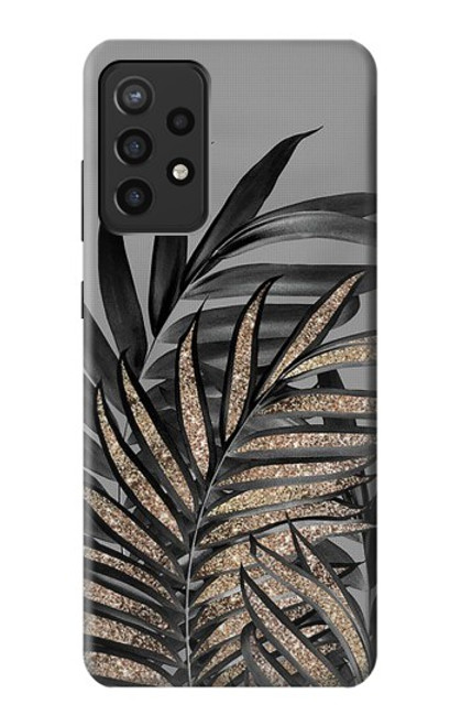 W3692 Gray Black Palm Leaves Hülle Schutzhülle Taschen und Leder Flip für Samsung Galaxy A72, Galaxy A72 5G
