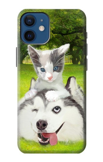 W3795 Grumpy Kitten Cat Playful Siberian Husky Dog Paint Hülle Schutzhülle Taschen und Leder Flip für iPhone 12 mini