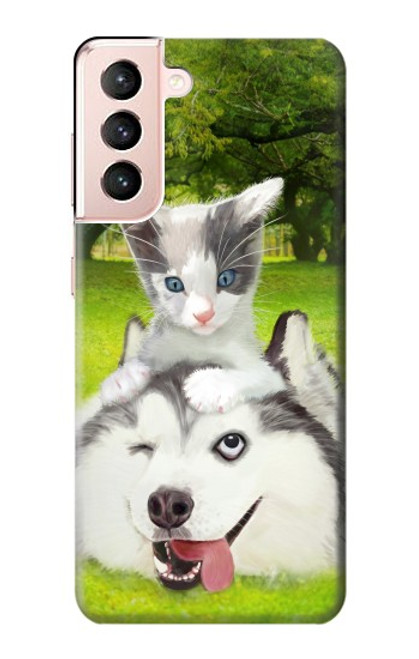 W3795 Grumpy Kitten Cat Playful Siberian Husky Dog Paint Hülle Schutzhülle Taschen und Leder Flip für Samsung Galaxy S21 5G