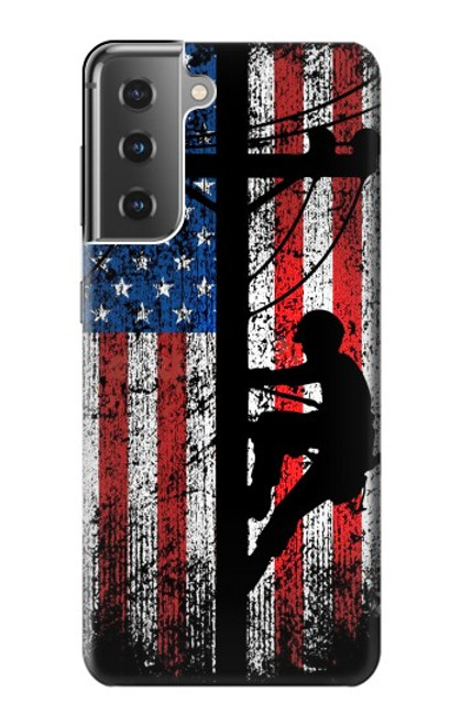 W3803 Electrician Lineman American Flag Hülle Schutzhülle Taschen und Leder Flip für Samsung Galaxy S21 Plus 5G, Galaxy S21+ 5G