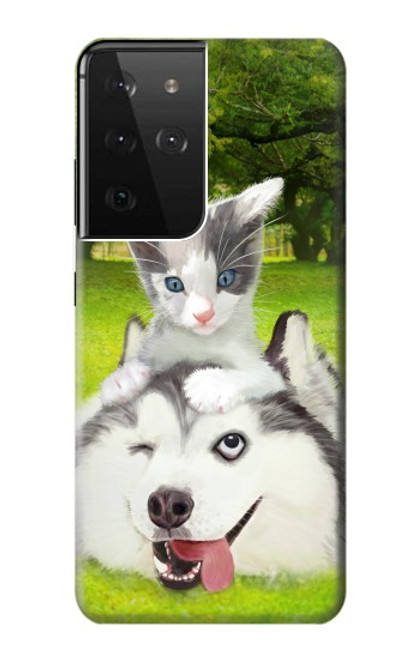 W3795 Grumpy Kitten Cat Playful Siberian Husky Dog Paint Hülle Schutzhülle Taschen und Leder Flip für Samsung Galaxy S21 Ultra 5G