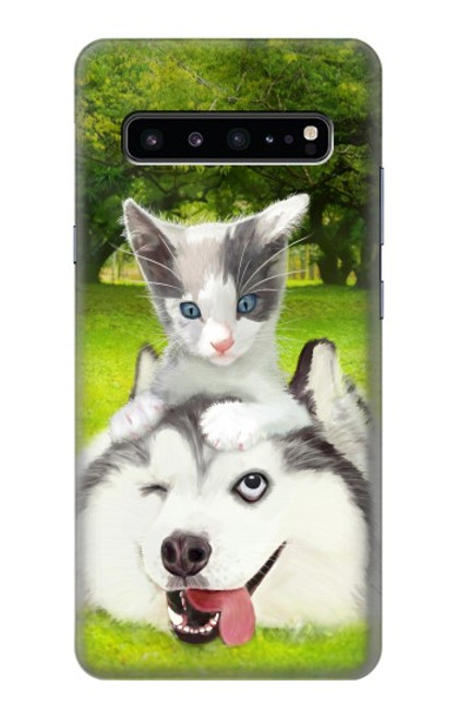 W3795 Grumpy Kitten Cat Playful Siberian Husky Dog Paint Hülle Schutzhülle Taschen und Leder Flip für Samsung Galaxy S10 5G