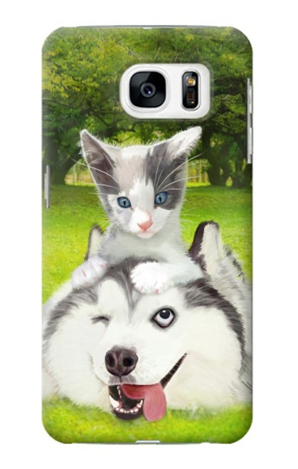 W3795 Grumpy Kitten Cat Playful Siberian Husky Dog Paint Hülle Schutzhülle Taschen und Leder Flip für Samsung Galaxy S7