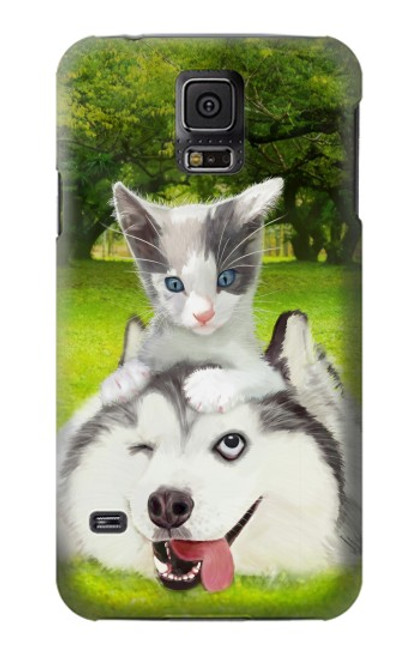 W3795 Grumpy Kitten Cat Playful Siberian Husky Dog Paint Hülle Schutzhülle Taschen und Leder Flip für Samsung Galaxy S5