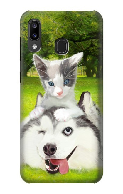 W3795 Grumpy Kitten Cat Playful Siberian Husky Dog Paint Hülle Schutzhülle Taschen und Leder Flip für Samsung Galaxy A20, Galaxy A30