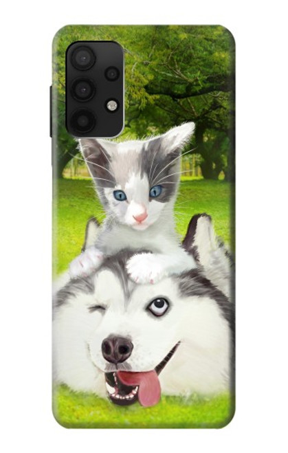 W3795 Grumpy Kitten Cat Playful Siberian Husky Dog Paint Hülle Schutzhülle Taschen und Leder Flip für Samsung Galaxy A32 4G