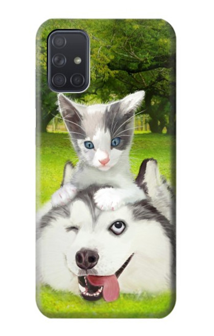 W3795 Grumpy Kitten Cat Playful Siberian Husky Dog Paint Hülle Schutzhülle Taschen und Leder Flip für Samsung Galaxy A71