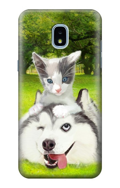 W3795 Grumpy Kitten Cat Playful Siberian Husky Dog Paint Hülle Schutzhülle Taschen und Leder Flip für Samsung Galaxy J3 (2018), J3 Star, J3 V 3rd Gen, J3 Orbit, J3 Achieve, Express Prime 3, Amp Prime 3