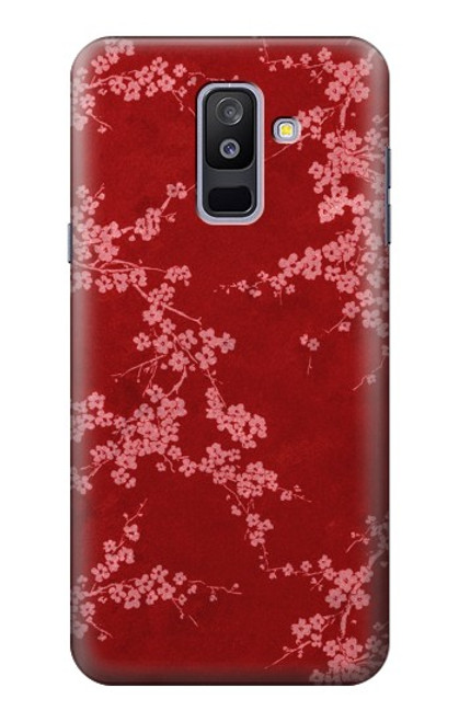 W3817 Red Floral Cherry blossom Pattern Hülle Schutzhülle Taschen und Leder Flip für Samsung Galaxy A6+ (2018), J8 Plus 2018, A6 Plus 2018