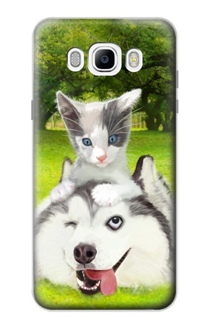 W3795 Grumpy Kitten Cat Playful Siberian Husky Dog Paint Hülle Schutzhülle Taschen und Leder Flip für Samsung Galaxy J7 (2016)