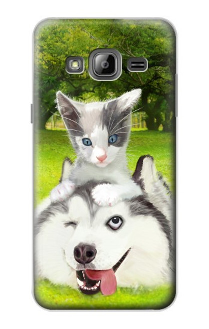 W3795 Grumpy Kitten Cat Playful Siberian Husky Dog Paint Hülle Schutzhülle Taschen und Leder Flip für Samsung Galaxy J3 (2016)