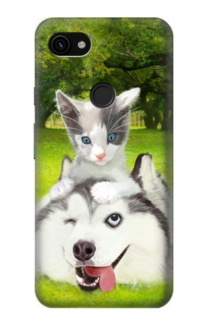 W3795 Grumpy Kitten Cat Playful Siberian Husky Dog Paint Hülle Schutzhülle Taschen und Leder Flip für Google Pixel 3a XL