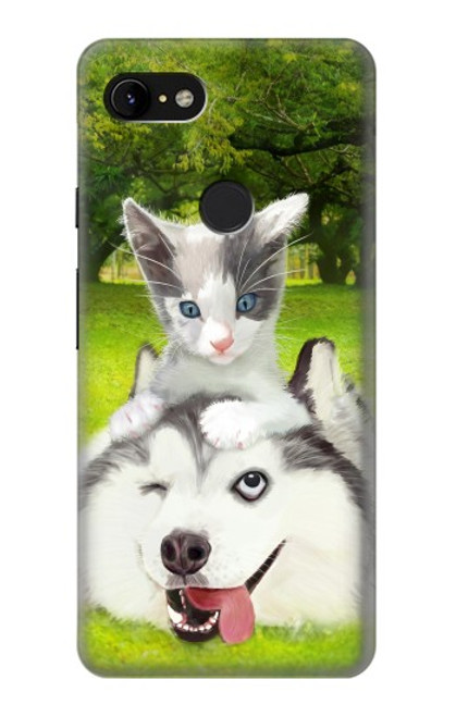 W3795 Grumpy Kitten Cat Playful Siberian Husky Dog Paint Hülle Schutzhülle Taschen und Leder Flip für Google Pixel 3 XL