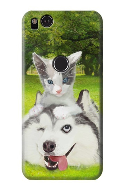 W3795 Grumpy Kitten Cat Playful Siberian Husky Dog Paint Hülle Schutzhülle Taschen und Leder Flip für Google Pixel 2
