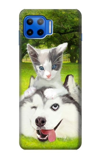 W3795 Grumpy Kitten Cat Playful Siberian Husky Dog Paint Hülle Schutzhülle Taschen und Leder Flip für Motorola Moto G 5G Plus