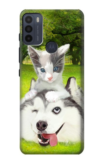 W3795 Grumpy Kitten Cat Playful Siberian Husky Dog Paint Hülle Schutzhülle Taschen und Leder Flip für Motorola Moto G50