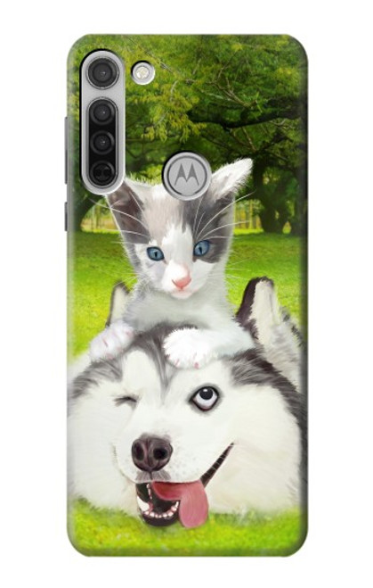 W3795 Grumpy Kitten Cat Playful Siberian Husky Dog Paint Hülle Schutzhülle Taschen und Leder Flip für Motorola Moto G8