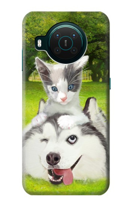 W3795 Grumpy Kitten Cat Playful Siberian Husky Dog Paint Hülle Schutzhülle Taschen und Leder Flip für Nokia X10