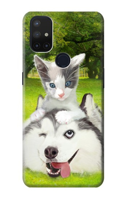 W3795 Grumpy Kitten Cat Playful Siberian Husky Dog Paint Hülle Schutzhülle Taschen und Leder Flip für OnePlus Nord N10 5G