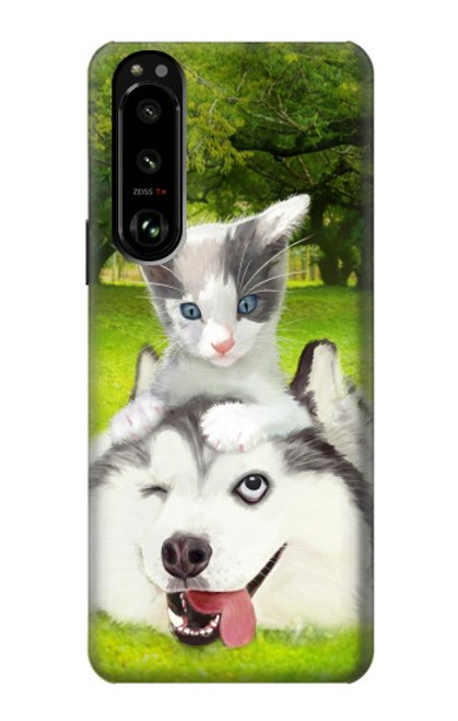 W3795 Grumpy Kitten Cat Playful Siberian Husky Dog Paint Hülle Schutzhülle Taschen und Leder Flip für Sony Xperia 5 III