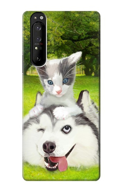 W3795 Grumpy Kitten Cat Playful Siberian Husky Dog Paint Hülle Schutzhülle Taschen und Leder Flip für Sony Xperia 1 III