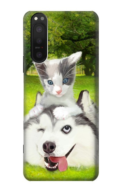 W3795 Grumpy Kitten Cat Playful Siberian Husky Dog Paint Hülle Schutzhülle Taschen und Leder Flip für Sony Xperia 5 II