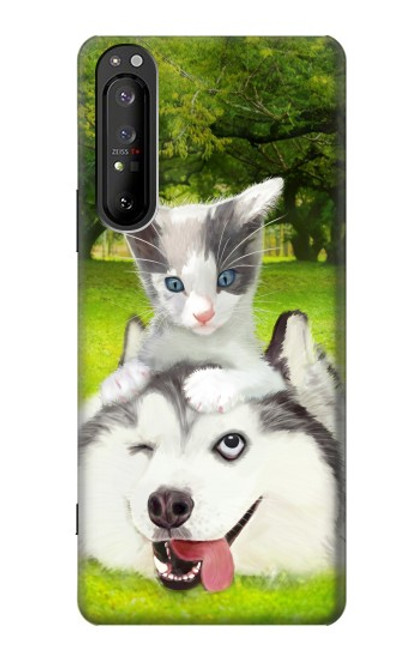 W3795 Grumpy Kitten Cat Playful Siberian Husky Dog Paint Hülle Schutzhülle Taschen und Leder Flip für Sony Xperia 1 II