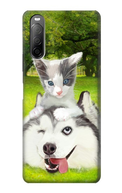 W3795 Grumpy Kitten Cat Playful Siberian Husky Dog Paint Hülle Schutzhülle Taschen und Leder Flip für Sony Xperia 10 II