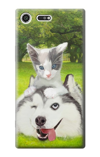 W3795 Grumpy Kitten Cat Playful Siberian Husky Dog Paint Hülle Schutzhülle Taschen und Leder Flip für Sony Xperia XZ Premium