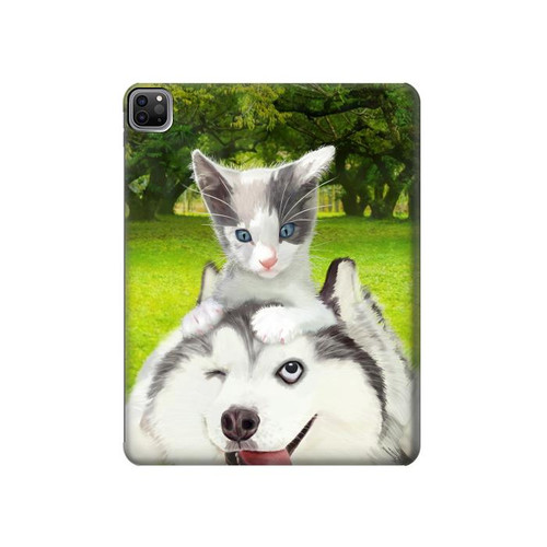 W3795 Grumpy Kitten Cat Playful Siberian Husky Dog Paint Tablet Hülle Schutzhülle Taschen für iPad Pro 12.9 (2022,2021,2020,2018, 3rd, 4th, 5th, 6th)