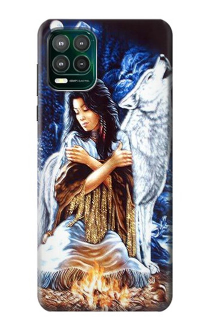 W0147 Grim Wolf Indian Girl Hülle Schutzhülle Taschen und Leder Flip für Motorola Moto G Stylus 5G