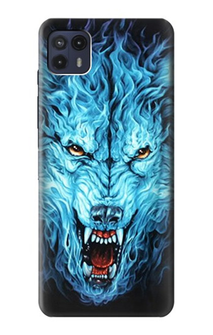 W0752 Blue Fire Grim Wolf Hülle Schutzhülle Taschen und Leder Flip für Motorola Moto G50 5G [for G50 5G only. NOT for G50]