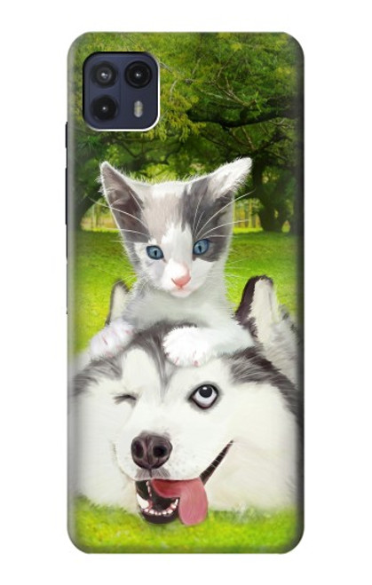 W3795 Grumpy Kitten Cat Playful Siberian Husky Dog Paint Hülle Schutzhülle Taschen und Leder Flip für Motorola Moto G50 5G [for G50 5G only. NOT for G50]