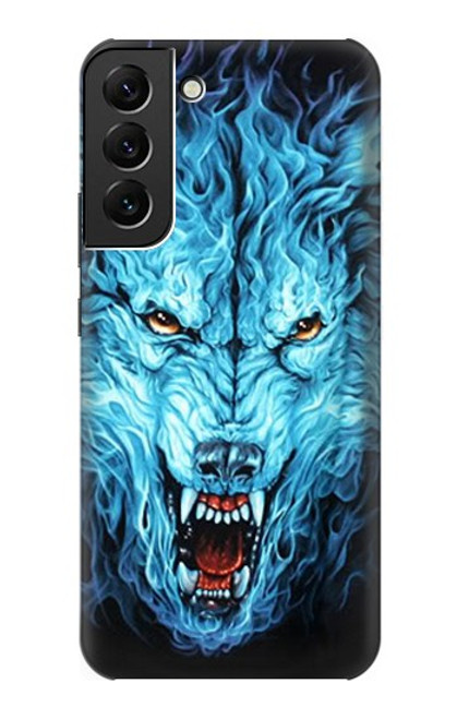 W0752 Blue Fire Grim Wolf Hülle Schutzhülle Taschen und Leder Flip für Samsung Galaxy S22 Plus