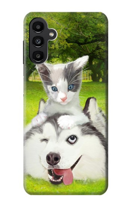 W3795 Grumpy Kitten Cat Playful Siberian Husky Dog Paint Hülle Schutzhülle Taschen und Leder Flip für Samsung Galaxy A13 5G