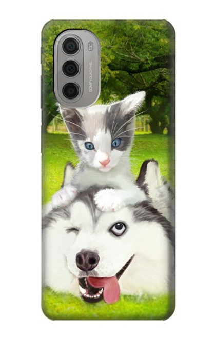 W3795 Grumpy Kitten Cat Playful Siberian Husky Dog Paint Hülle Schutzhülle Taschen und Leder Flip für Motorola Moto G51 5G