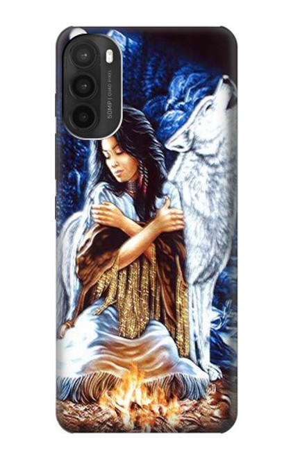 W0147 Grim Wolf Indian Girl Hülle Schutzhülle Taschen und Leder Flip für Motorola Moto G71 5G
