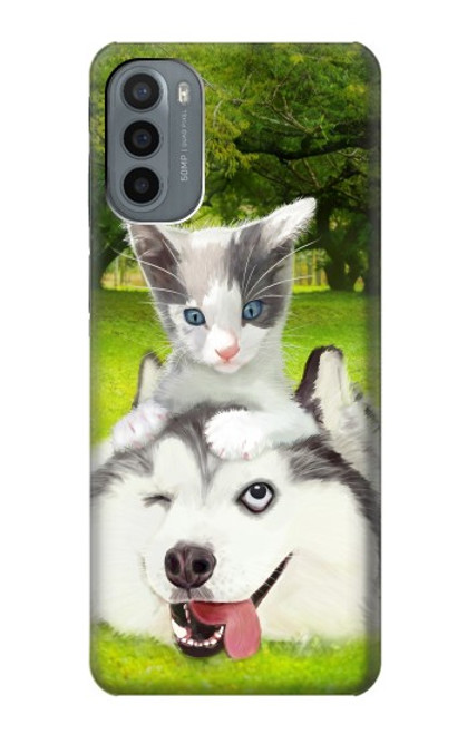 W3795 Grumpy Kitten Cat Playful Siberian Husky Dog Paint Hülle Schutzhülle Taschen und Leder Flip für Motorola Moto G31