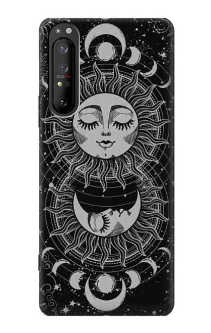 W3854 Mystical Sun Face Crescent Moon Hülle Schutzhülle Taschen und Leder Flip für Sony Xperia 1 II