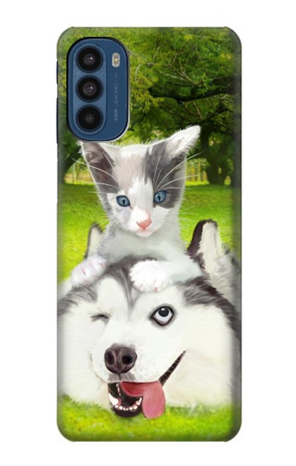 W3795 Kitten Cat Playful Siberian Husky Dog Paint Hülle Schutzhülle Taschen und Leder Flip für Motorola Moto G41