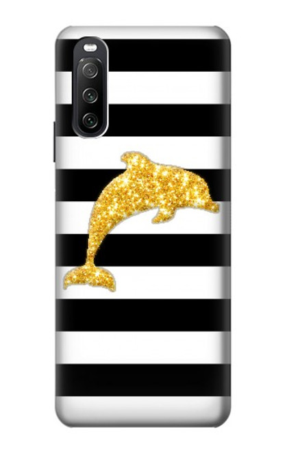 W2882 Black and White Striped Gold Dolphin Hülle Schutzhülle Taschen und Leder Flip für Sony Xperia 10 III Lite
