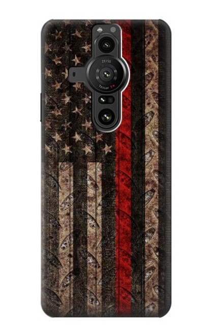 W3804 Fire Fighter Metal Red Line Flag Graphic Hülle Schutzhülle Taschen und Leder Flip für Sony Xperia Pro-I