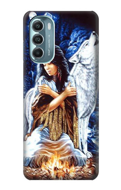 W0147 Grim Wolf Indian Girl Hülle Schutzhülle Taschen und Leder Flip für Motorola Moto G Stylus 5G (2022)