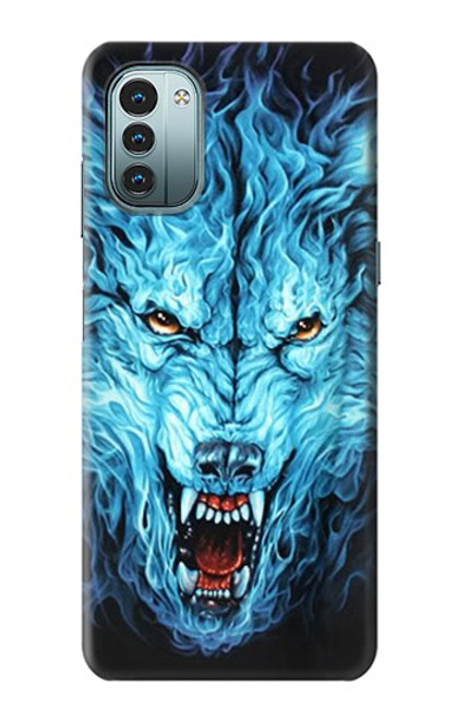 W0752 Blue Fire Grim Wolf Hülle Schutzhülle Taschen und Leder Flip für Nokia G11, G21