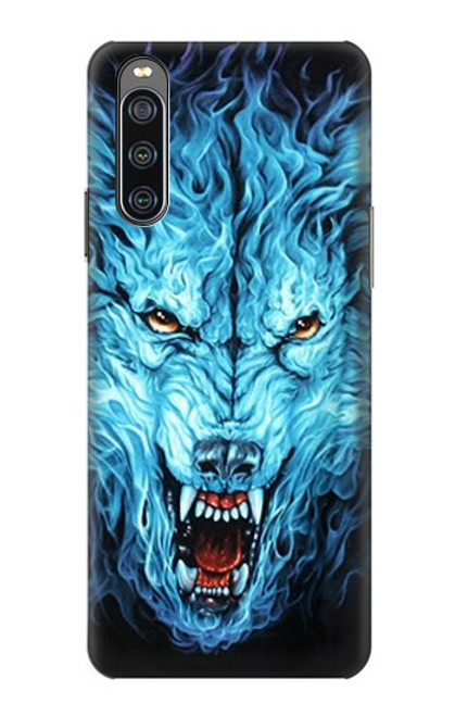 W0752 Blue Fire Grim Wolf Hülle Schutzhülle Taschen und Leder Flip für Sony Xperia 10 IV