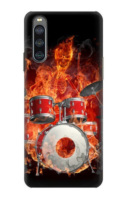 W1431 Skull Drum Fire Rock Hülle Schutzhülle Taschen und Leder Flip für Sony Xperia 10 IV
