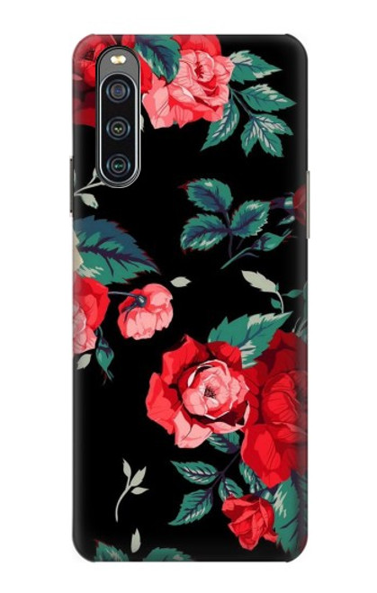 W3112 Rose Floral Pattern Black Hülle Schutzhülle Taschen und Leder Flip für Sony Xperia 10 IV