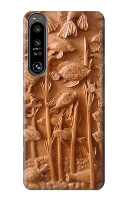 W1307 Fish Wood Carving Graphic Printed Hülle Schutzhülle Taschen und Leder Flip für Sony Xperia 1 IV